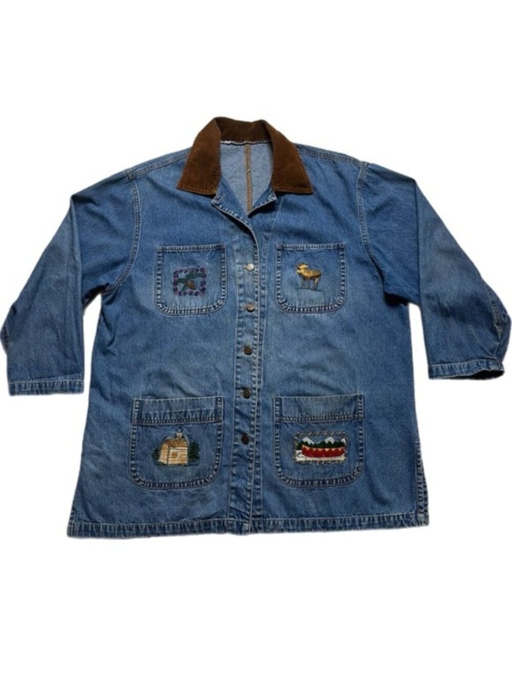 VTG Denim Embroidered Moose Pine Cones Canoe Barn Chore Jacket XL Cottage Core